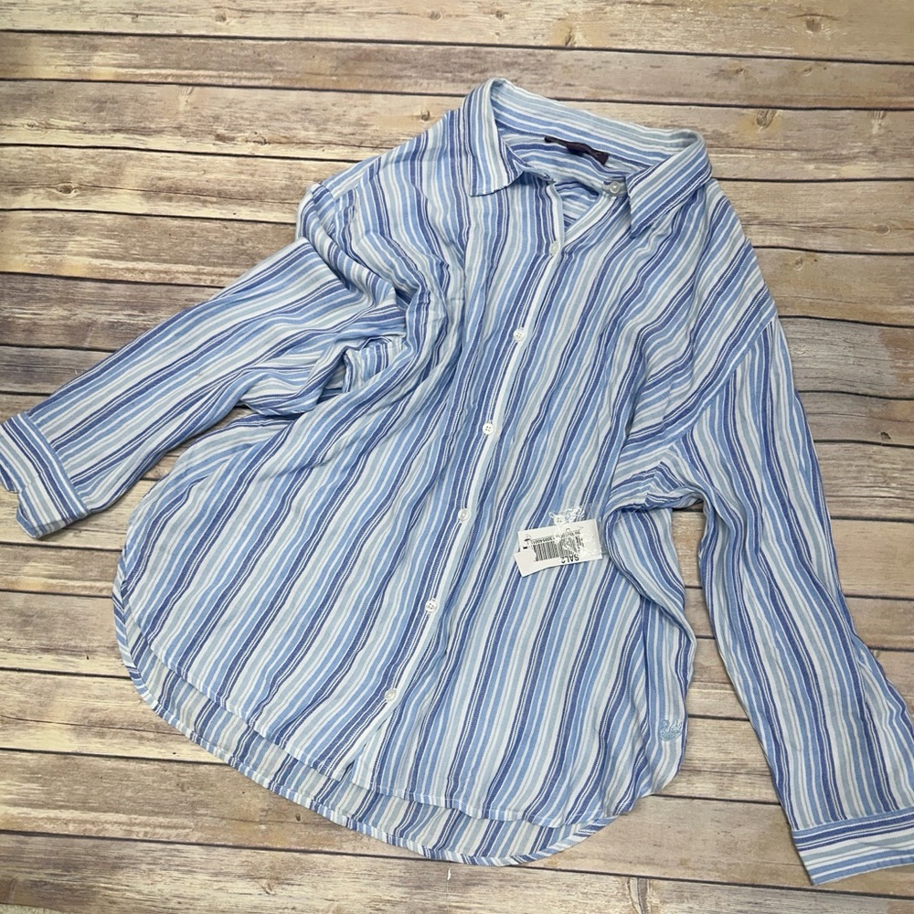 Gloria Vanderbilt Women's Amanda Button-Front Stripes Shirt-Hydra blue size XL